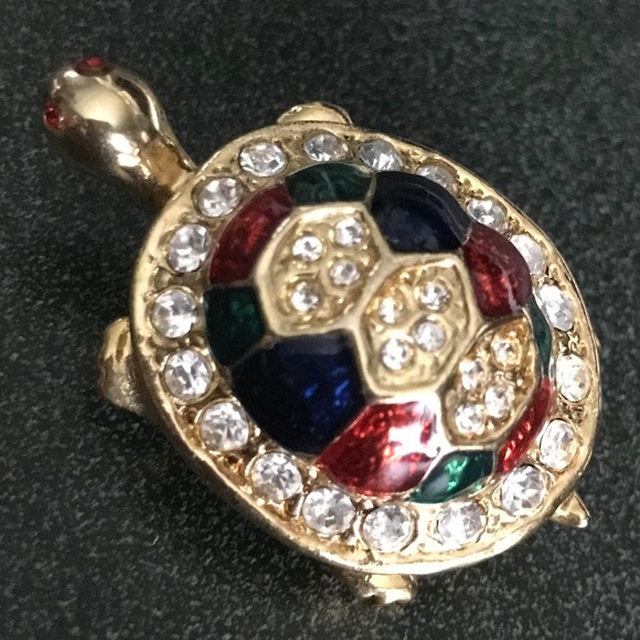 Turtle Gold Tone Brooch With Multi Color Stones Shell and White Rhinestones - Picture 4 of 6